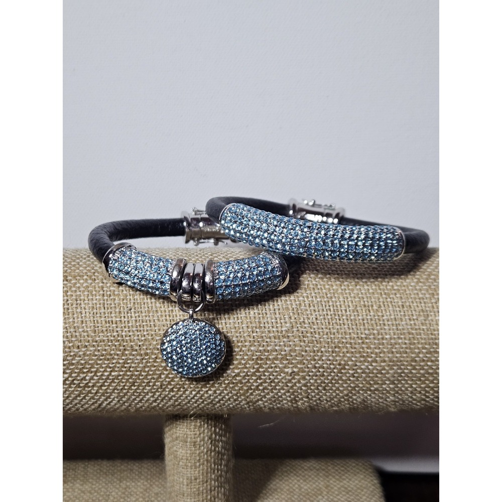 Joan Boyce Set 2 Black Leather Blue Pavé Crystal Barrel Rolled Bracelets Charm